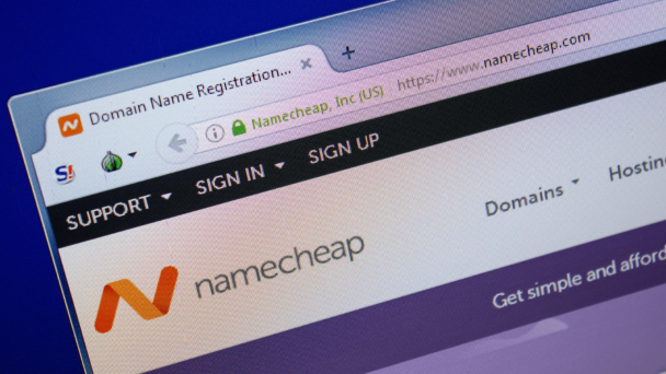 A web browser window displaying the website for Namecheap, a domain name registration company. The browser's address bar shows the URL "//www.namecheap.com" and the text "Domain Name Registration" is visible in the tab. The company logo is also shown. - Cuponsy