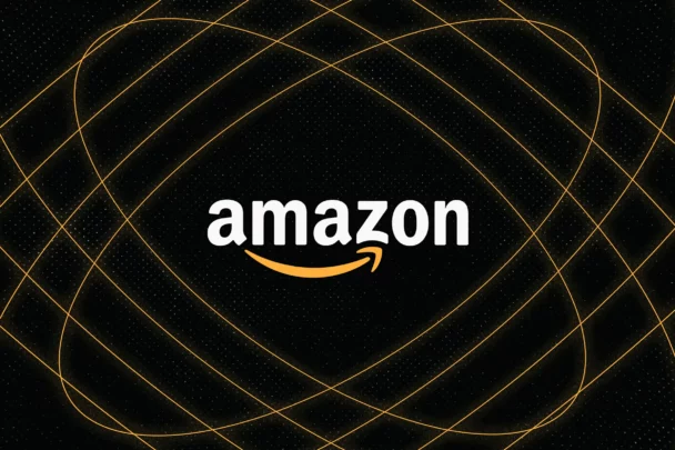 The image features the Amazon logo centered on a black background, with the text "amazon" in white and the yellow arrow forming a smile underneath. The background is overlaid with multiple intersecting yellow lines forming a symmetrical pattern. - Cuponsy