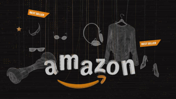 A black background with various outlined items including sunglasses, a sweater, headphones, and shoes surround the word "amazon" in white, with the characteristic orange smile logo below. Two "BEST SELLER" tags are present near the sweater and a pair of shoes. - Cuponsy