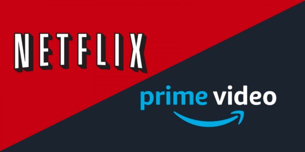 Split image with a red top left half featuring the "NETFLIX" logo in white font and a dark bottom right half featuring the "prime video" logo with blue and white text and a smile arrow underline. - Cuponsy