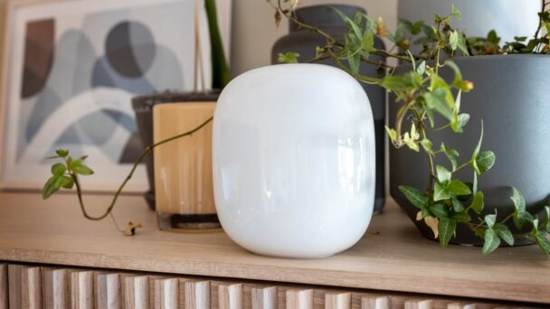 A sleek, white ceramic vase is placed on a wooden shelf among various plants in grey pots. In the background, there is framed abstract art with soft, muted colors. The scene exudes a minimalist and modern aesthetic. - Cuponsy